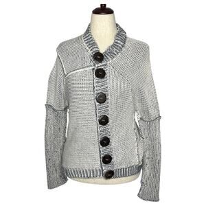 Pure Handknit Women's Cardigan M/L Marled Blue White Asymmetrical Chunky Knit